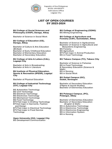 LIST OF OPEN COURSES For .